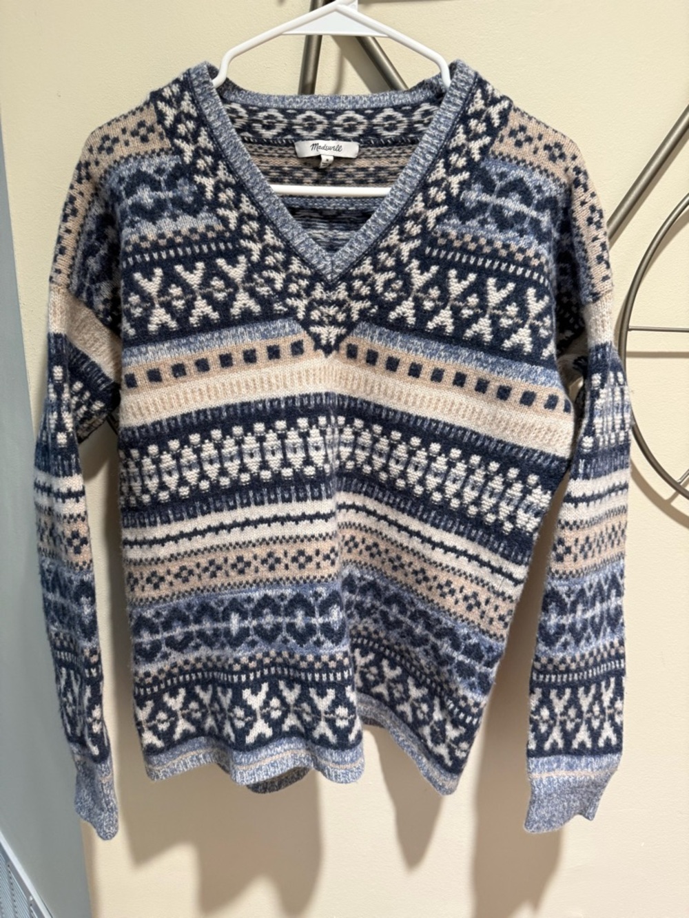 Madewell Women’s Blue & Cream Fair Isle V-Neck Sweater Size M Wool Blend